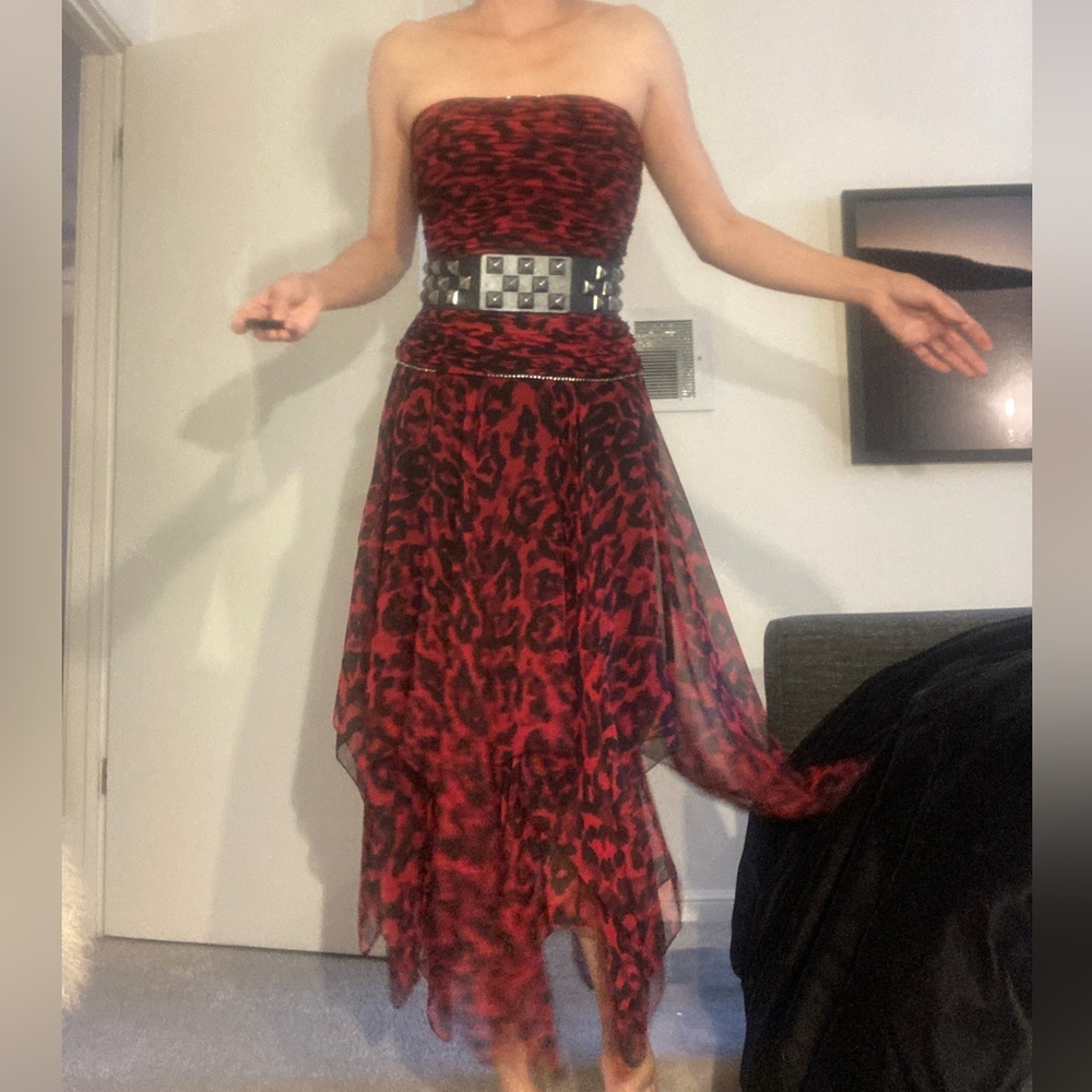 Lillie Rubin Vtg animal print 80s chiffon ruched red black holiday xmas dress